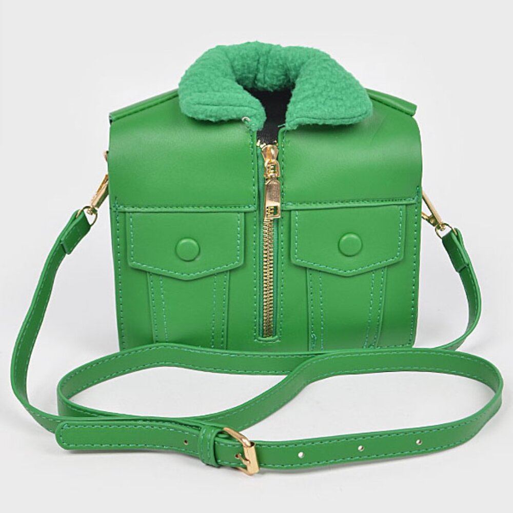Leather Jacket Shaped Crossbody Bag/ Faux Fur & Leather Coat Purse - Green NWT